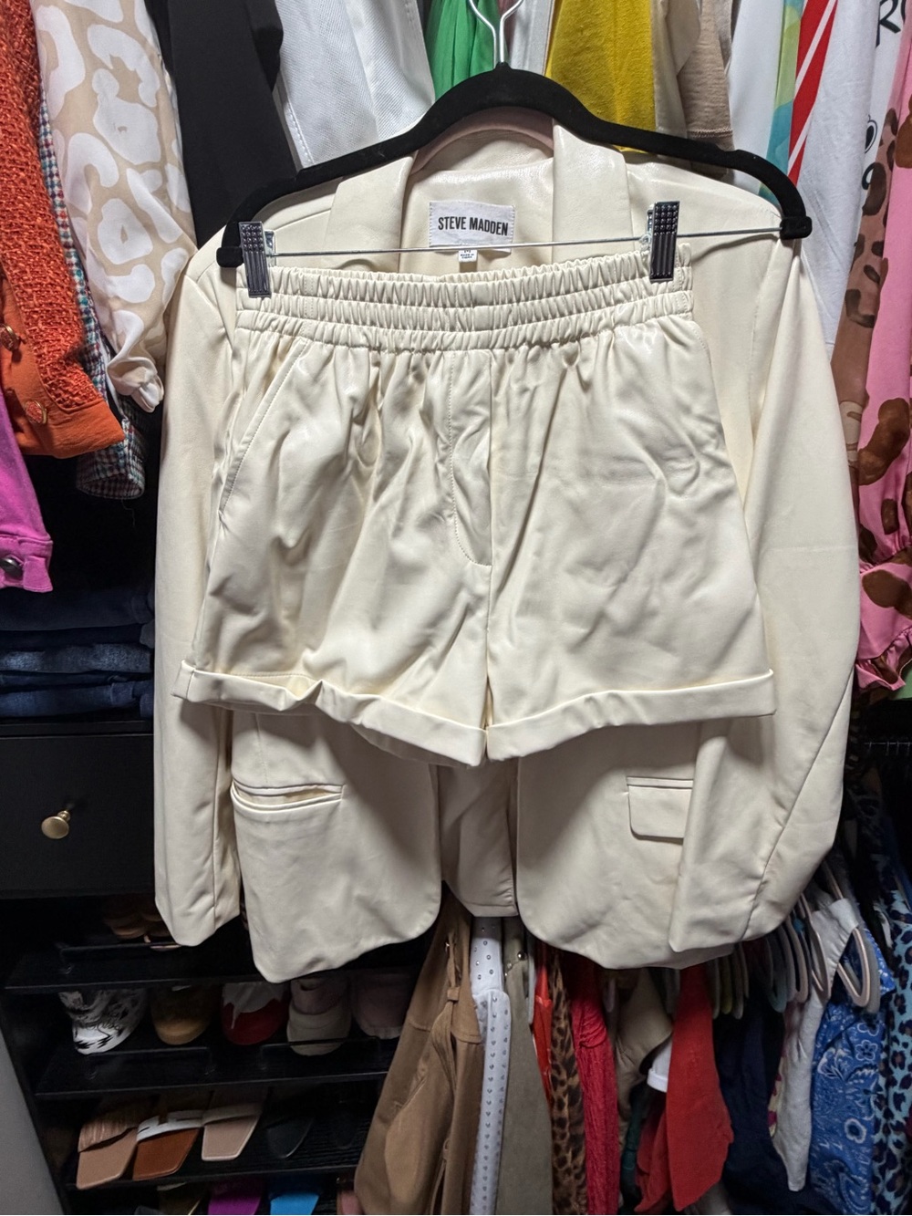 Steve Madden Cream Faux-Leather Elastic Waist Women’s Shorts Set with Blazer